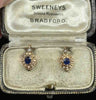 Antique Victorian sapphire and pearl earrings circa 1880 in 18ct yellow gold with royal blue 0.28ct sapphires and natural seed pearl halo.