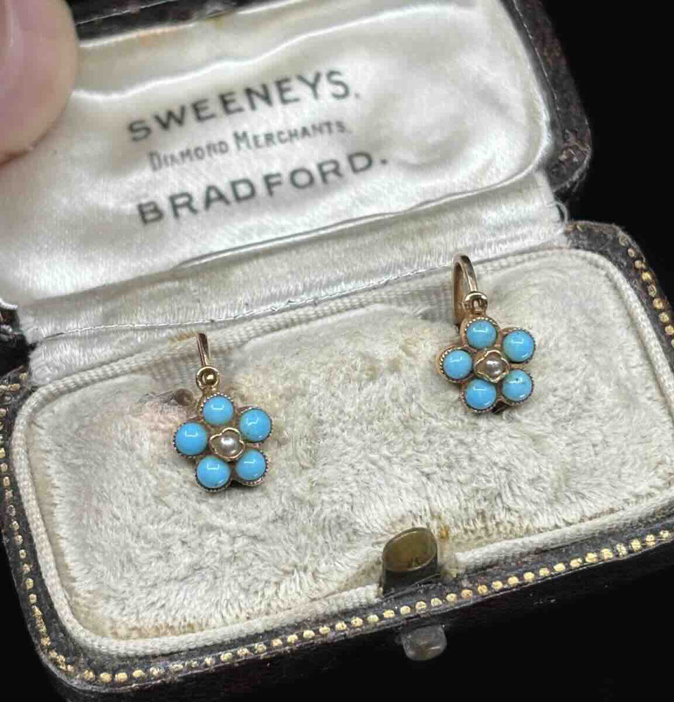 Antique Austro‑Hungarian (Vienna) turquoise and pearl earrings, delicate daisy cluster design, 9ct yellow gold.