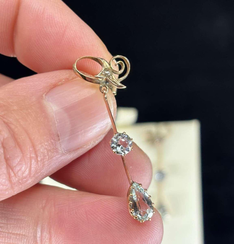 Vintage Edwardian aquamarine and pearl drop earrings in gold, from the early 1900s.
