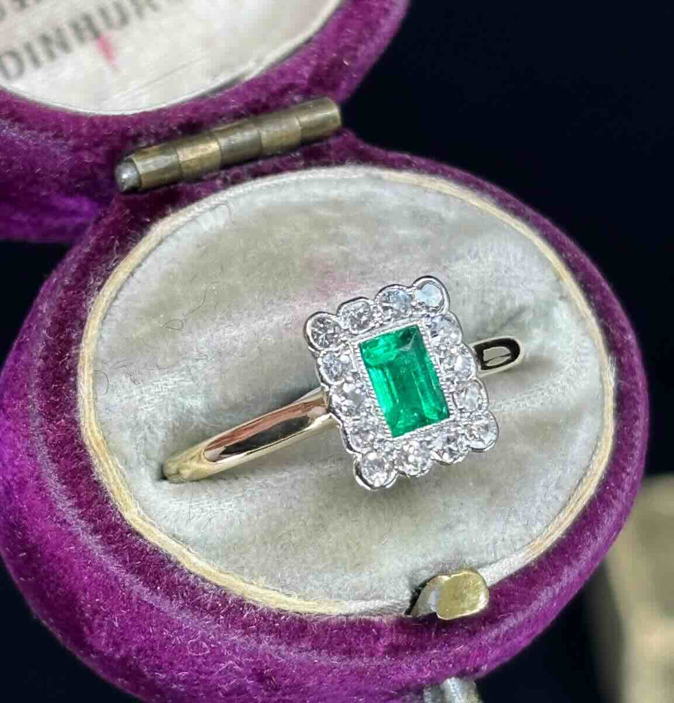 Art Deco rectangular cluster engagement ring, geometric design.