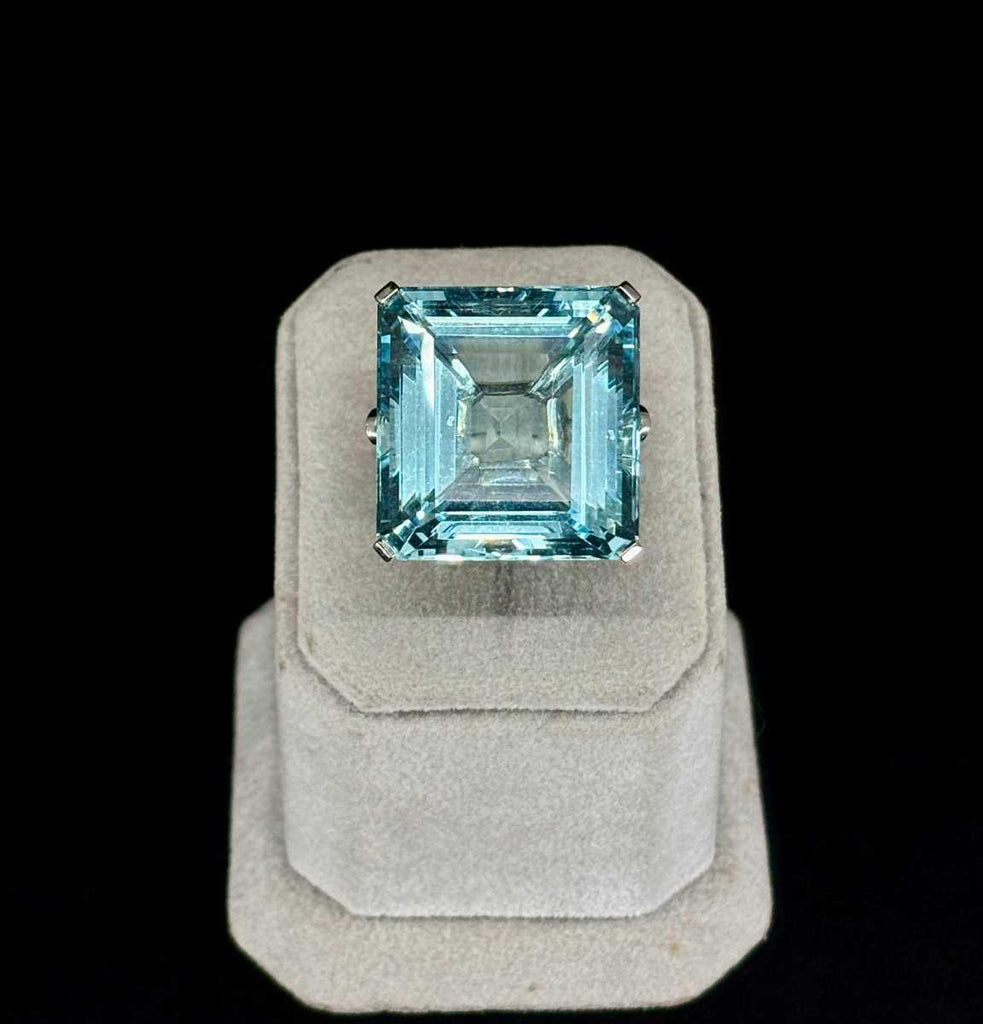 Bold artisan-crafted aquamarine ring set with platinum and bead-set diamonds