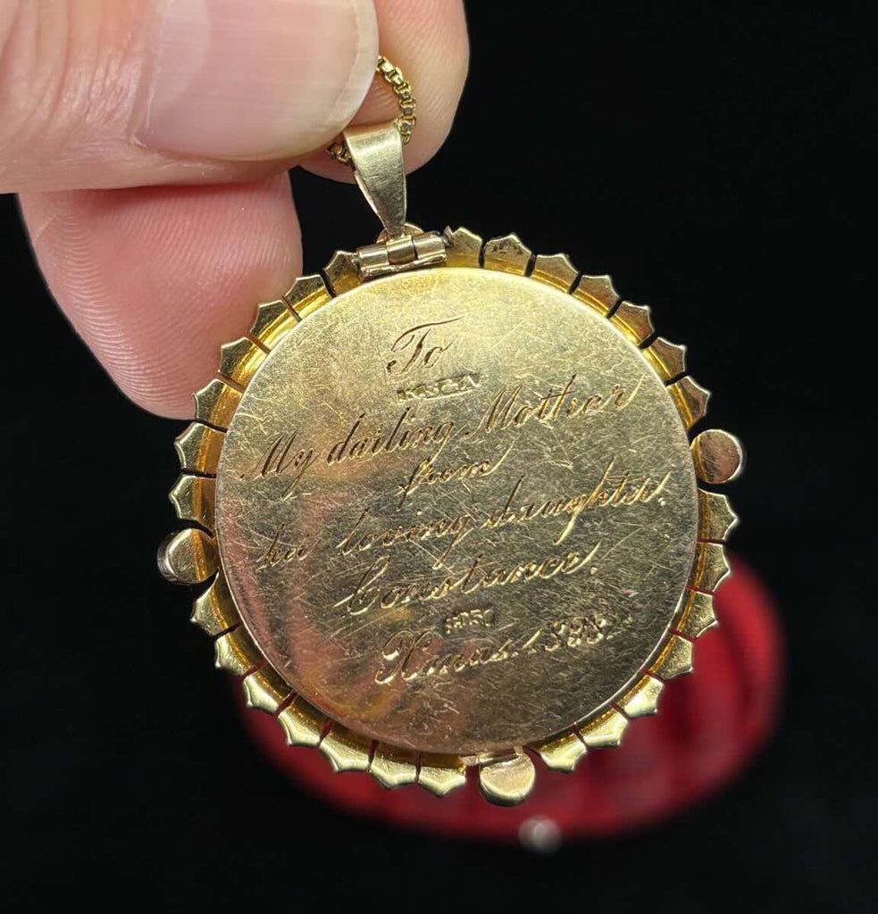 Rare Australian-made Victorian memorial locket with turquoise and pearl border, hand-engraved reverse inscription dated Xmas 1893.