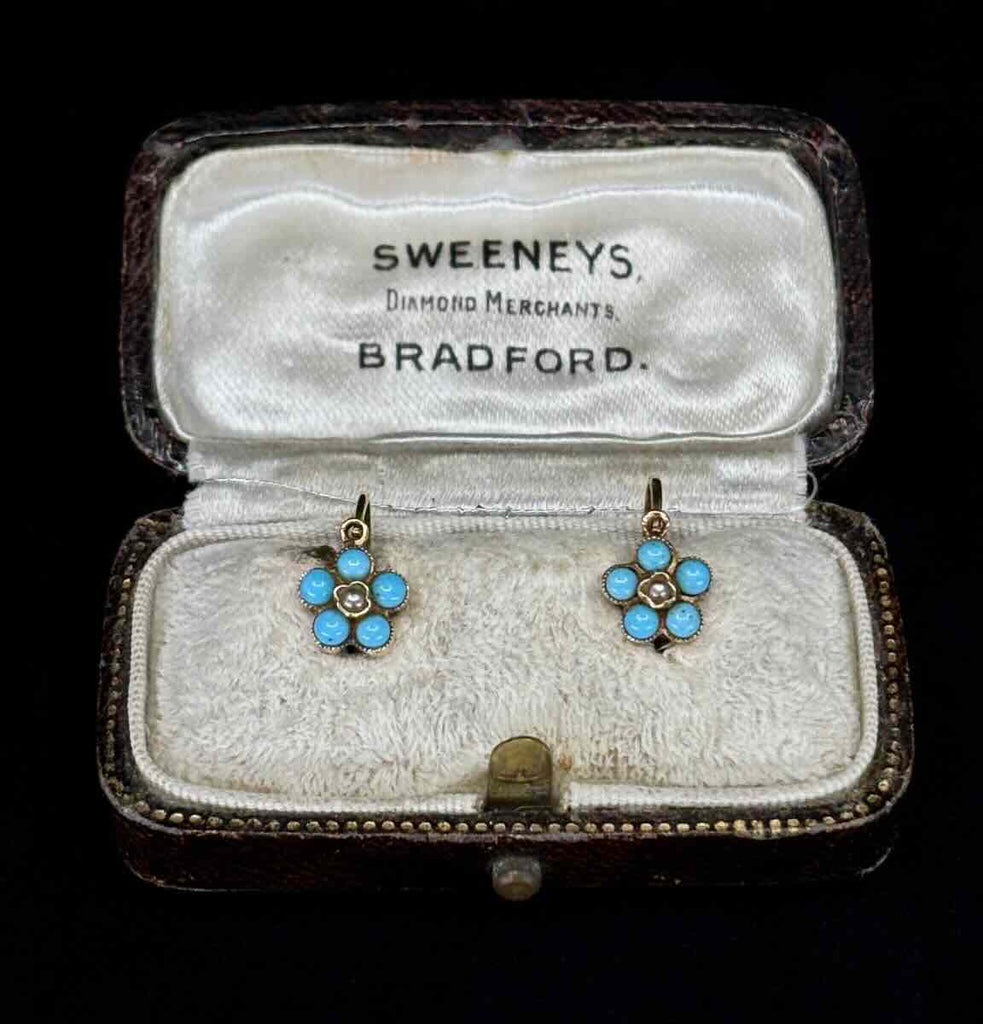 Austro-Hungarian turquoise and pearl daisy cluster earrings, Vienna marked, circa 1880, 9ct yellow gold.