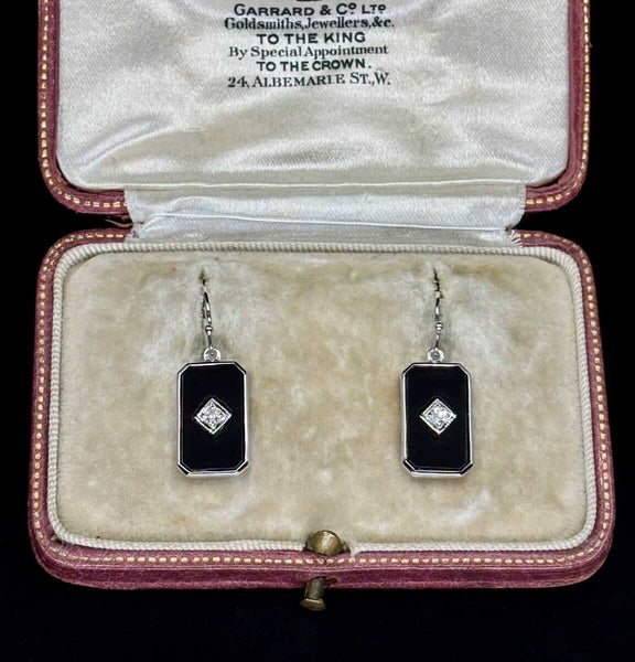 Black onyx and round brilliant diamond earrings, vintage‑style Art Deco design in 9ct white gold