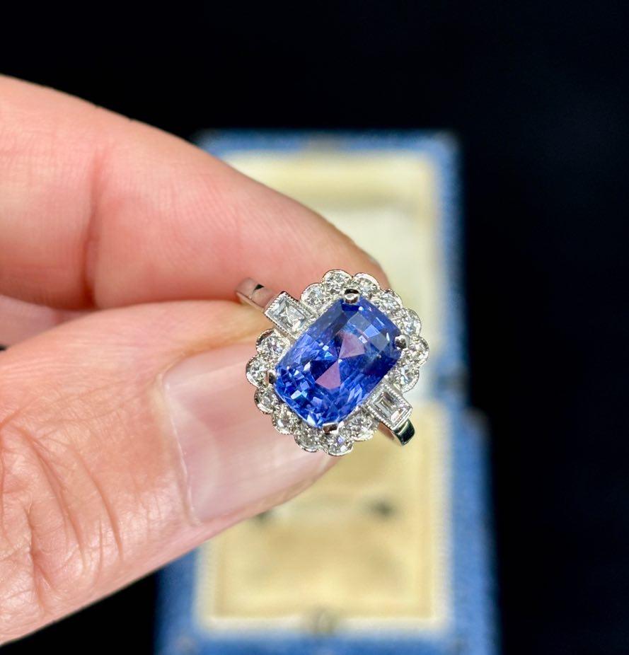18ct white gold engagement ring with a 3.63ct natural untreated blue Ceylon sapphire and diamond accents.