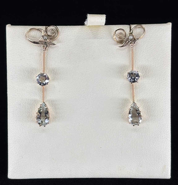 Edwardian aquamarine drop earrings with pearls in 9ct gold, antique jewelry circa 1910.