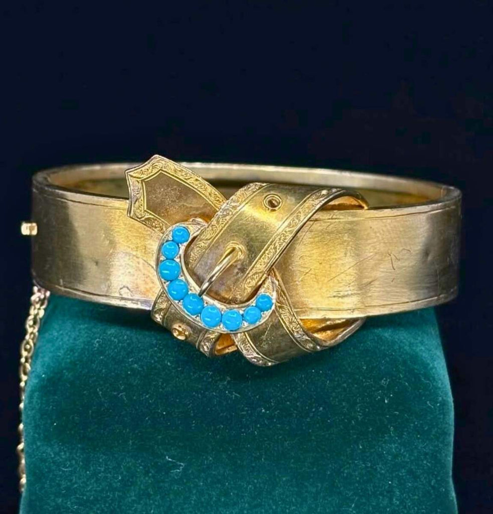 Engraved Victorian buckle bracelet in 15ct gold featuring turquoise cabochons and hinged construction