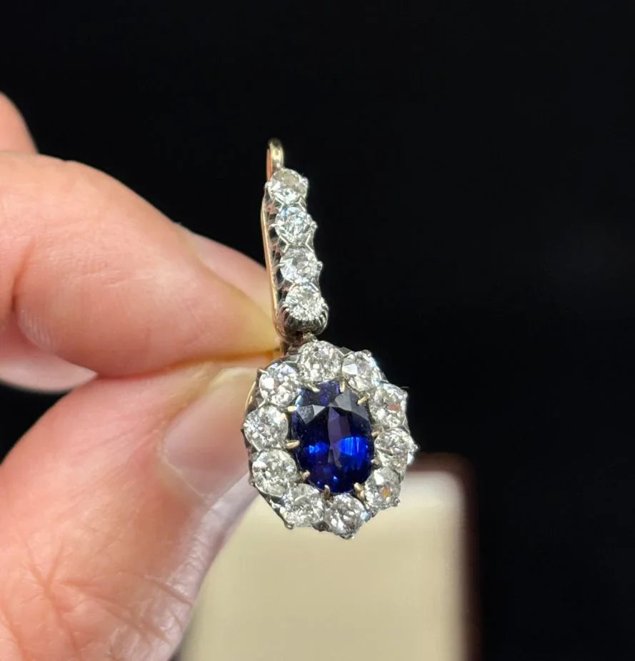 14ct yellow gold earrings with Ceylon sapphires and diamonds, designed by Faberge's Erik August Kollin, Austro-Hungarian Empire era.