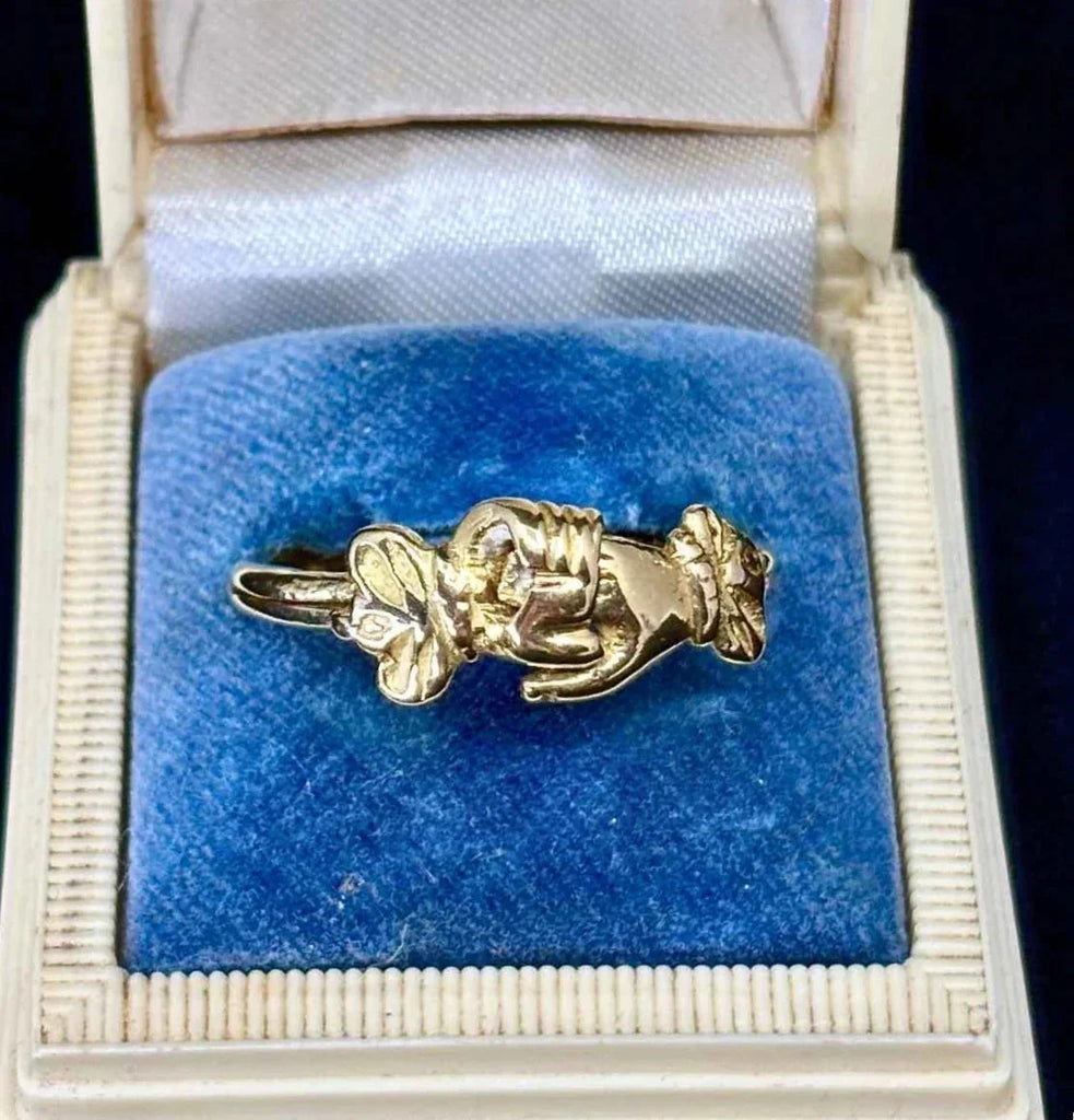 Georgian gold gimmel ring band detail showing joined design representing unity of two lives