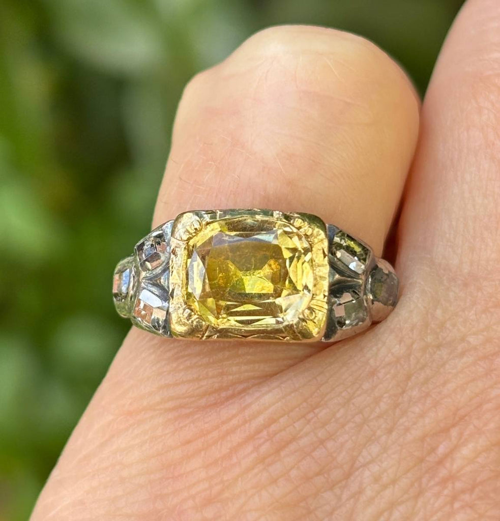 Antique Georgian yellow topaz diamond ring worn on hand
