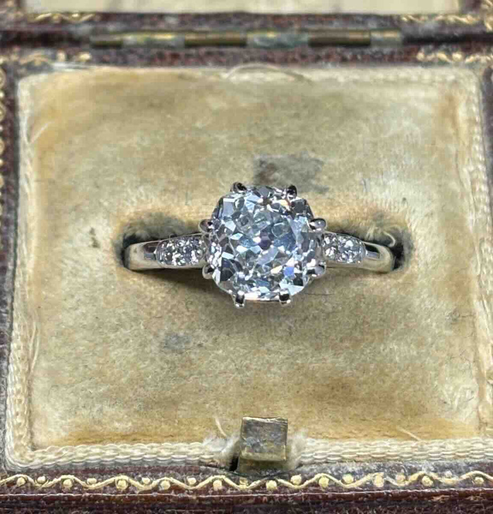 Close-up of a 2.45ct hand-cut old mine diamond set in 18ct white gold with eight claws.