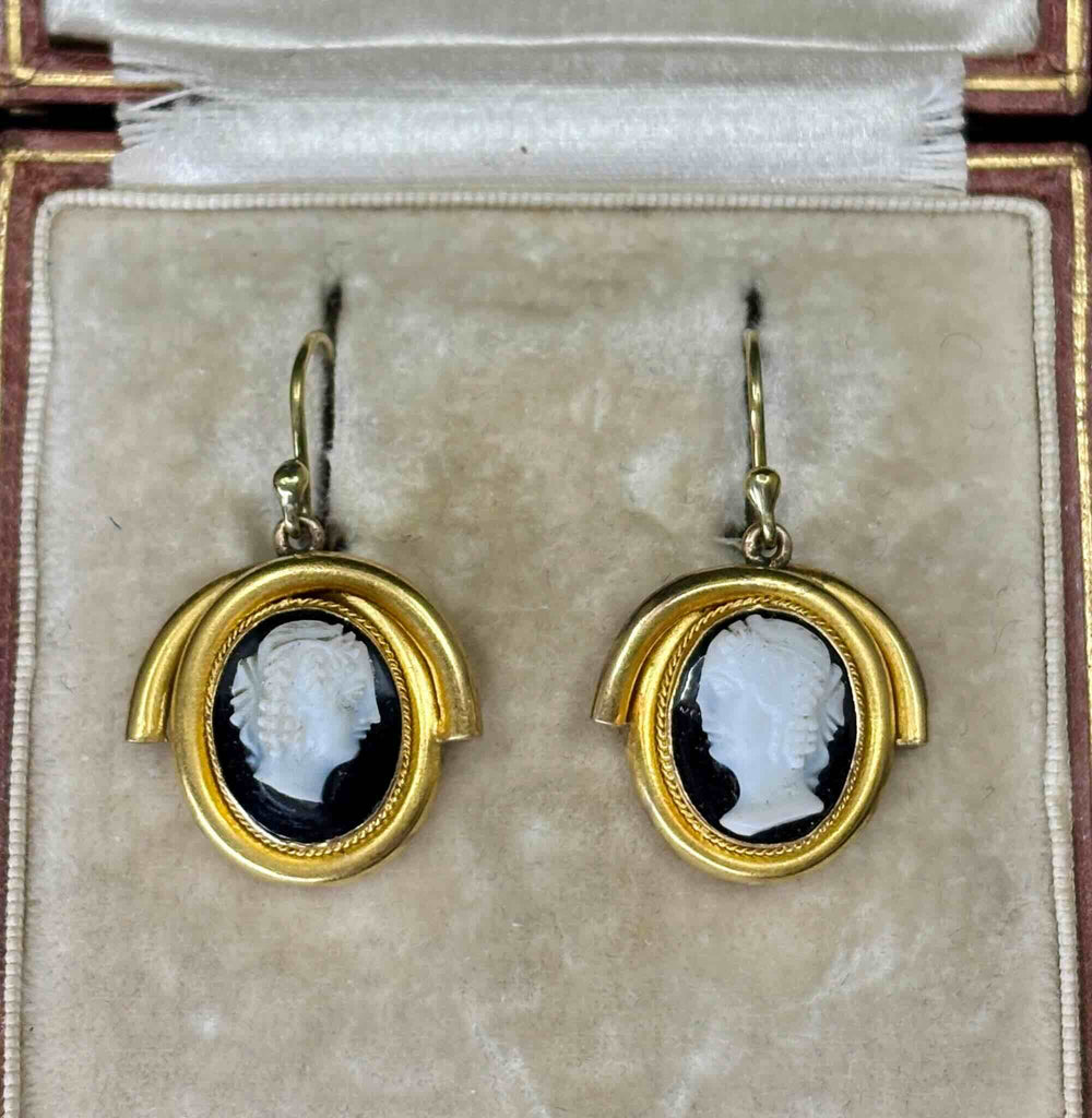 Pair of Victorian 15ct yellow gold hardstone cameo drop earrings with shepherd hooks and black agate maiden cameo panels.
