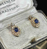 Late Victorian sapphire earrings featuring royal blue 0.28ct sapphires surrounded by natural seed pearls in claw settings, 18ct yellow gold.
