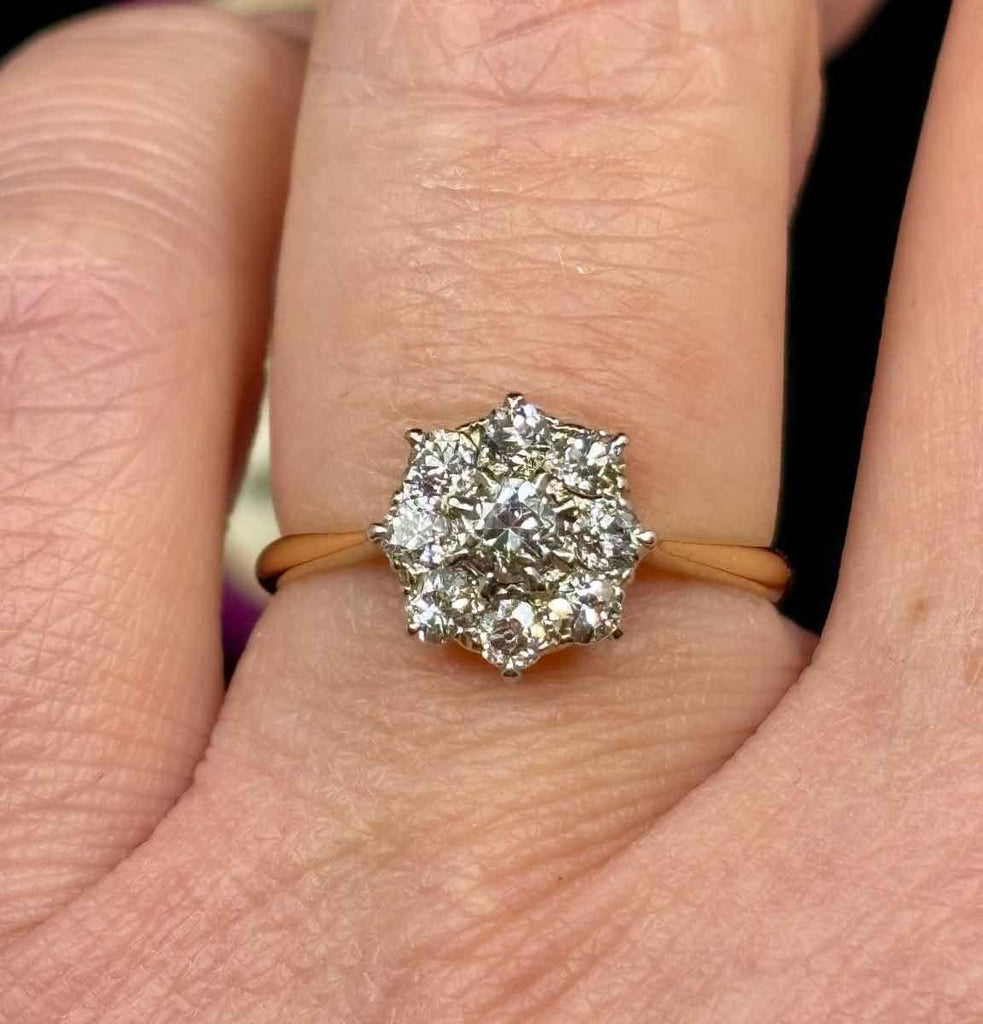 The 1930s flower cluster ring looking just fabulous on the finger. The setting sits very flat with a low profile.