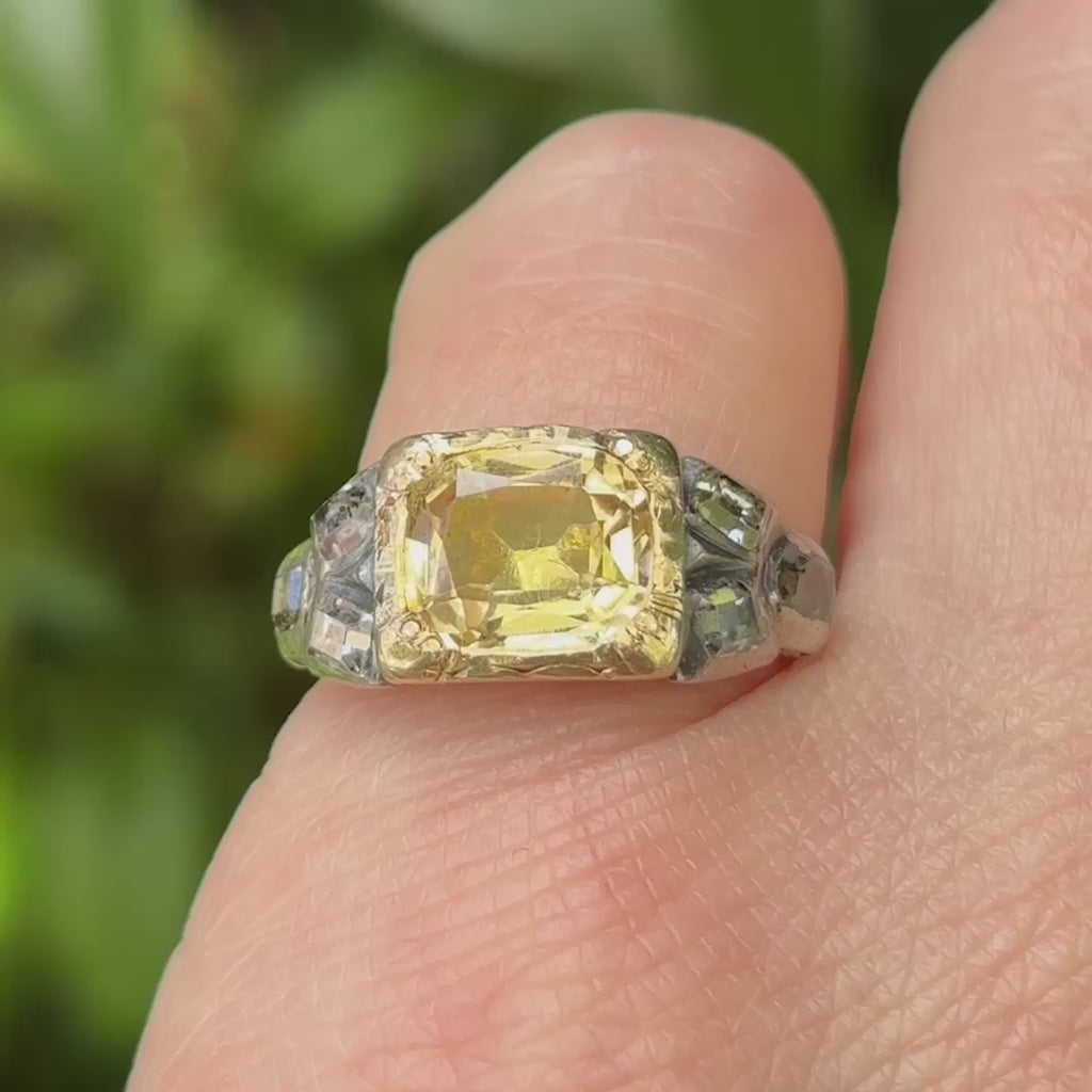 Antique Georgian yellow topaz and diamond ring circa 1820 showing hand cut stones and enamel detail