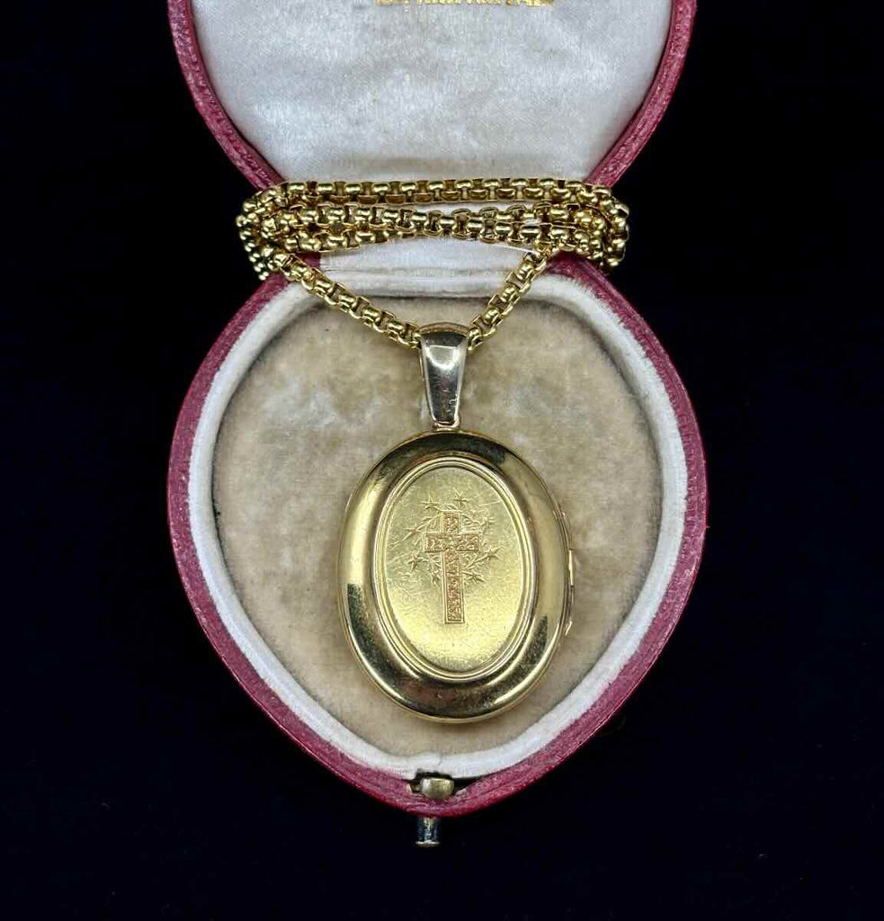 Victorian 15ct yellow gold oval locket circa 1880 with crown and anchor heraldic banner — antique locket for keepsakes