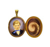 inside the Victorian 18ct Mourning Locket features a beautifully painted watercolour portrait of a young boy. On the other side of the locket is a snippet of hair, probably of the young boy pictured, in his memory.  