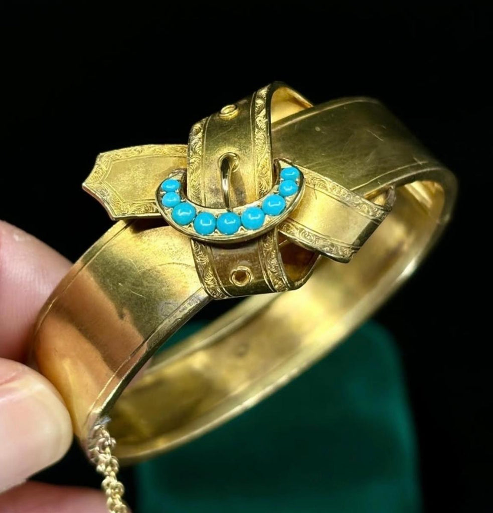 Victorian 15ct gold buckle hinged bangle set with robin egg blue turquoise cabochons circa 1860