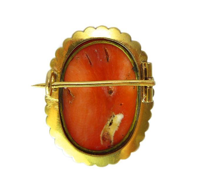 Victorian coral and seed pearl cameo brooch