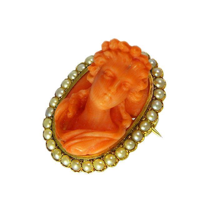 Victorian coral and seed pearl cameo brooch