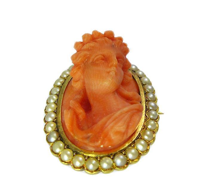 Victorian coral and seed pearl cameo brooch