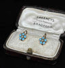 Victorian era Vienna daisy cluster earrings with turquoise cabochons and central pearls in 9ct gold.