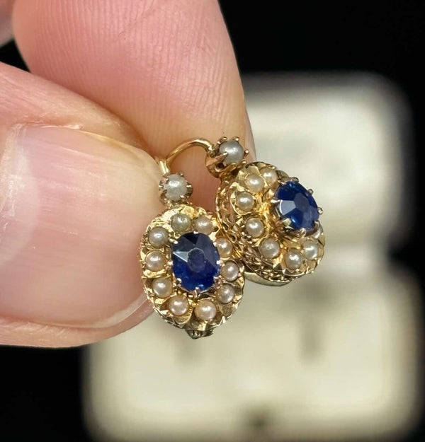 Victorian sapphire and pearl earrings — genuine antique pair with 0.56ct total sapphires and 22 seed pearls on lever hooks.