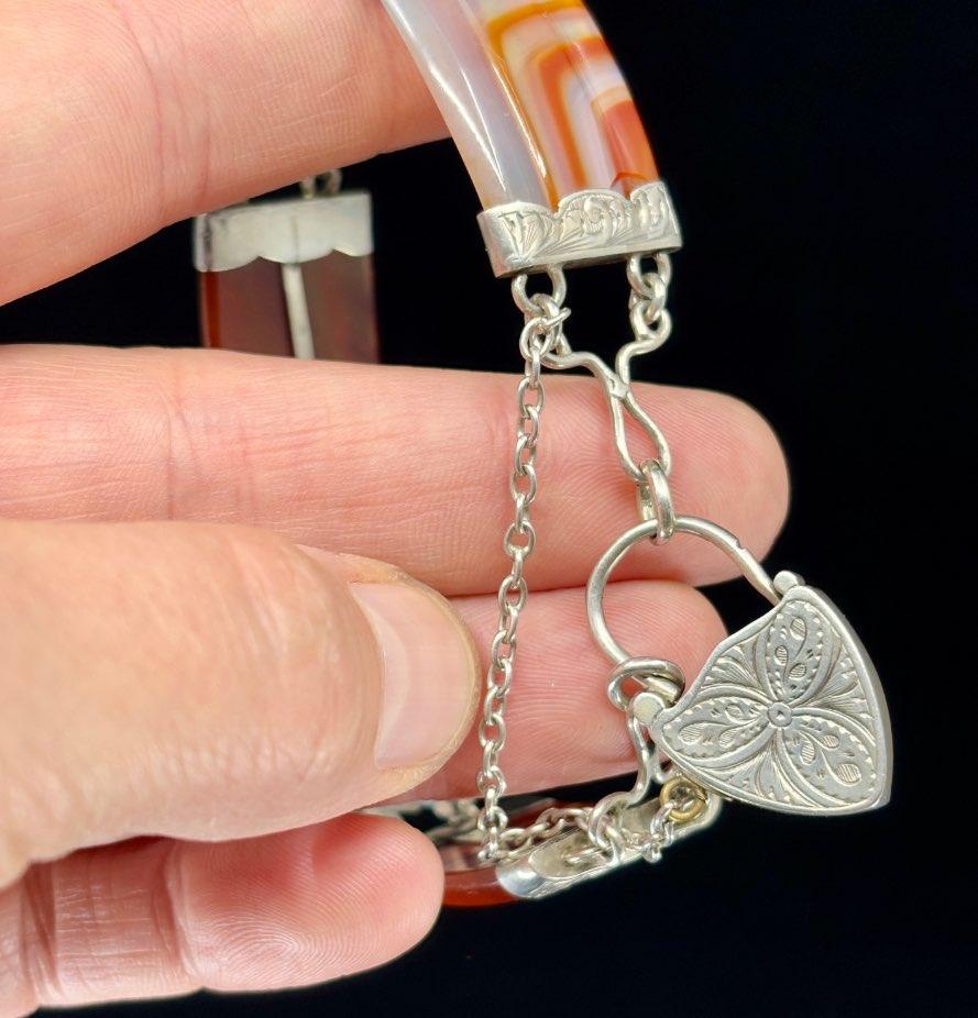 Antique Victorian Scottish agate bracelet set in sterling silver featuring a padlock design.