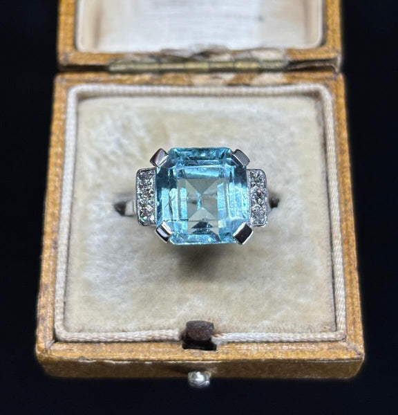 vintage 1950s aquamarine and diamond ring in a vintage ring box  — timeless heirloom jewellery for special occasions.