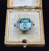 vintage 1950s aquamarine and diamond ring in a vintage ring box  — timeless heirloom jewellery for special occasions.