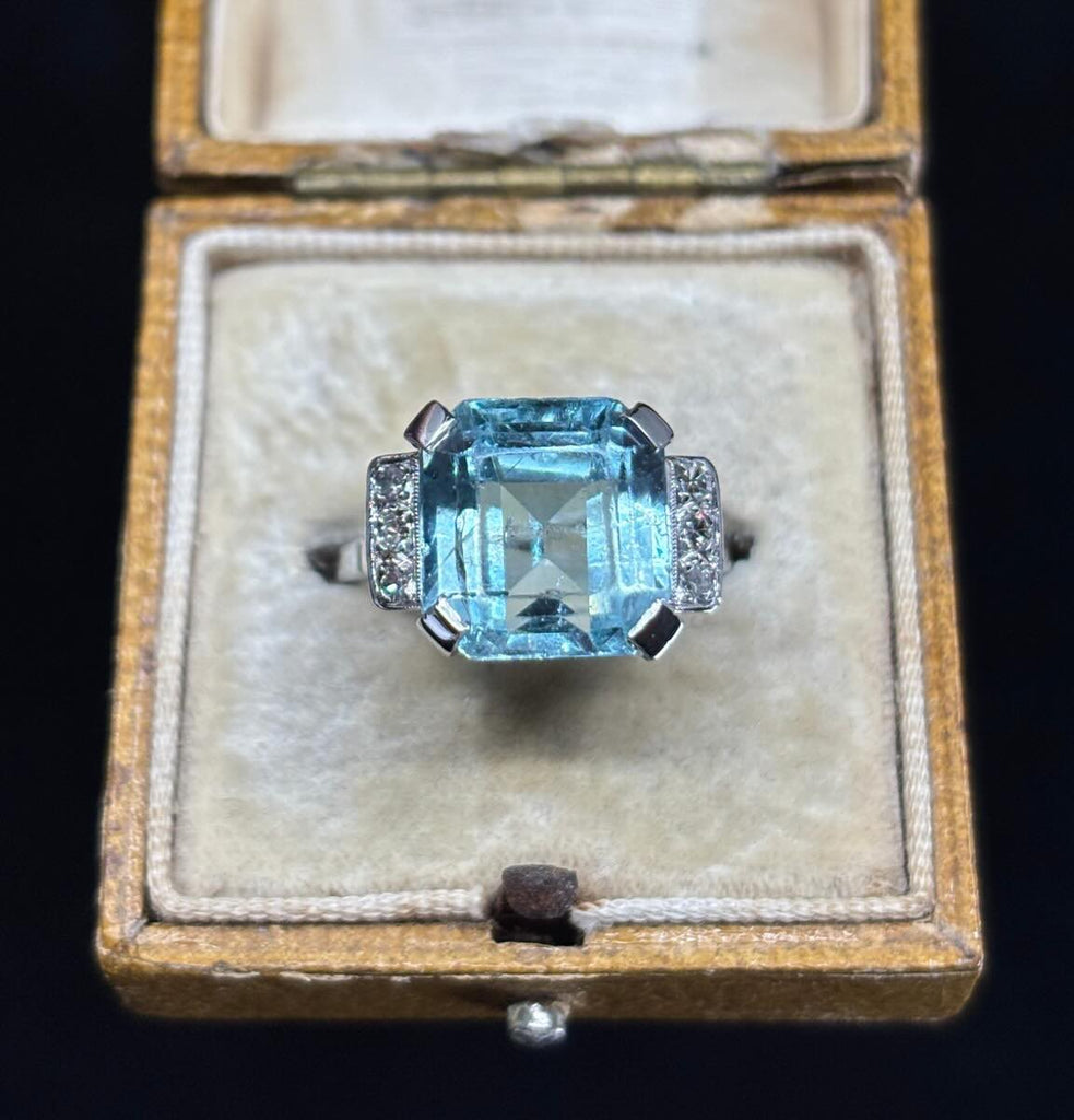 vintage 1950s aquamarine and diamond ring in a vintage ring box  — timeless heirloom jewellery for special occasions.