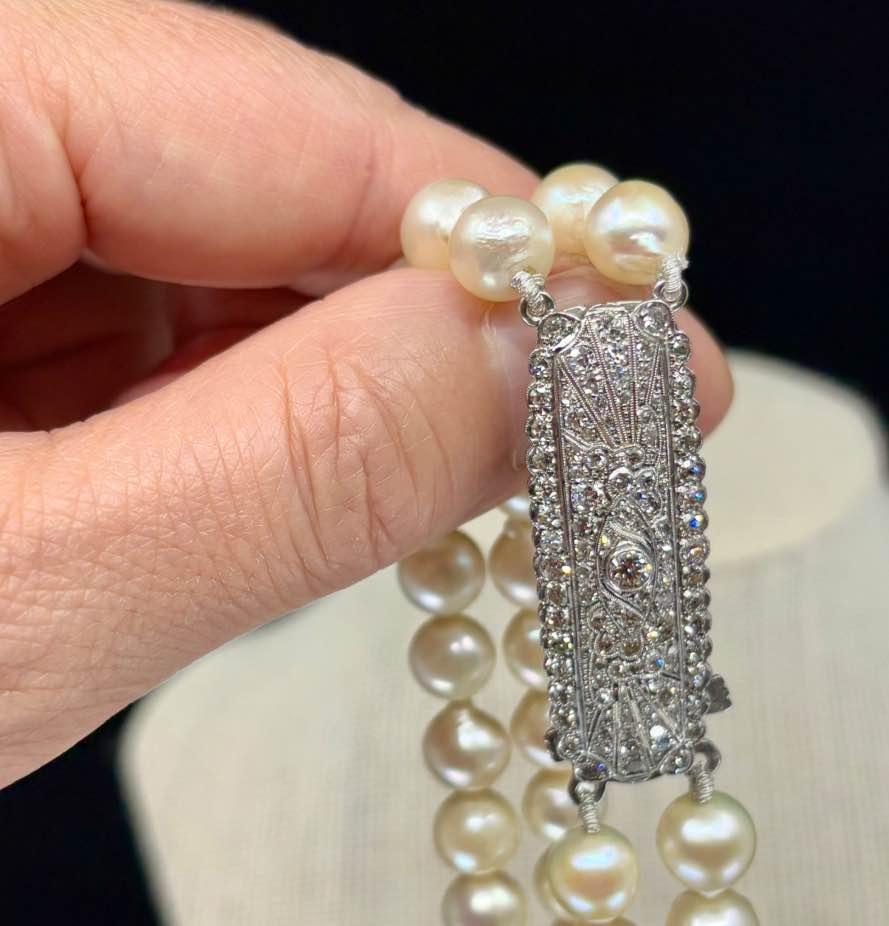 Antique 1920s Art Deco Akoya Pearl Necklace with Diamond Clasp