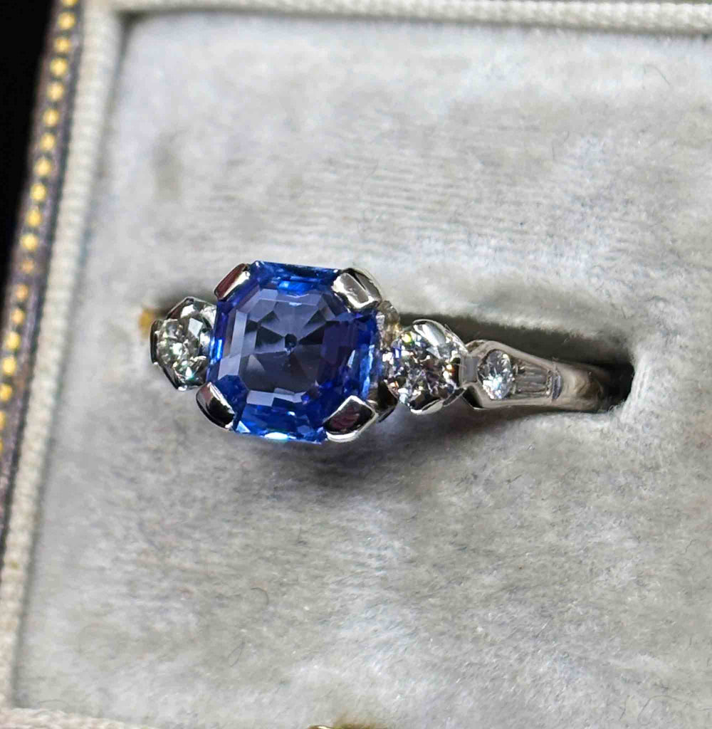 Vintage Ceylon sapphire engagement ring circa 1950s with square emerald cut sapphire